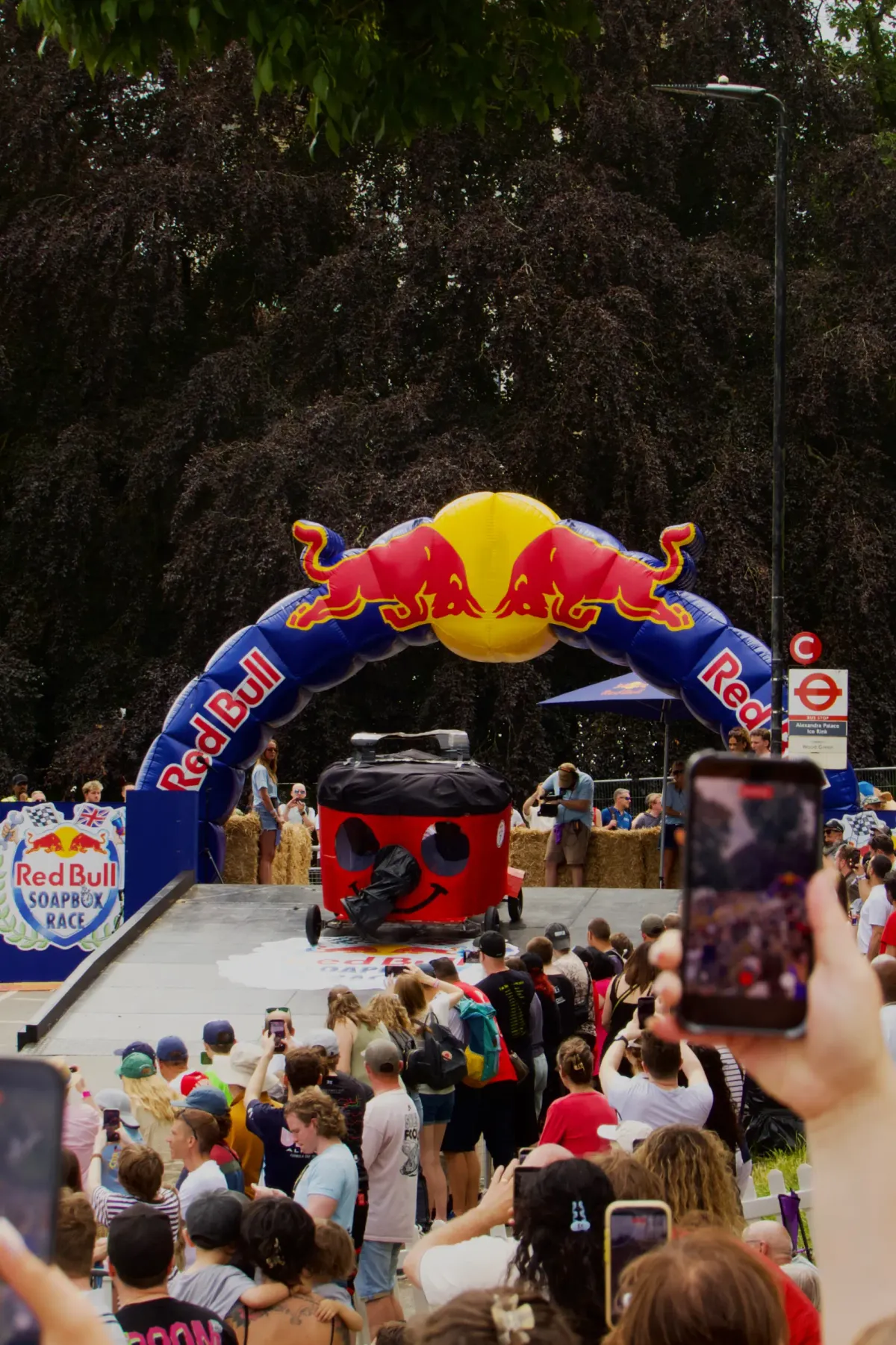 A soapbox kart based on Henry the Hoover rolling down Alexandra Palace during the Red Bull Soapbox Race.