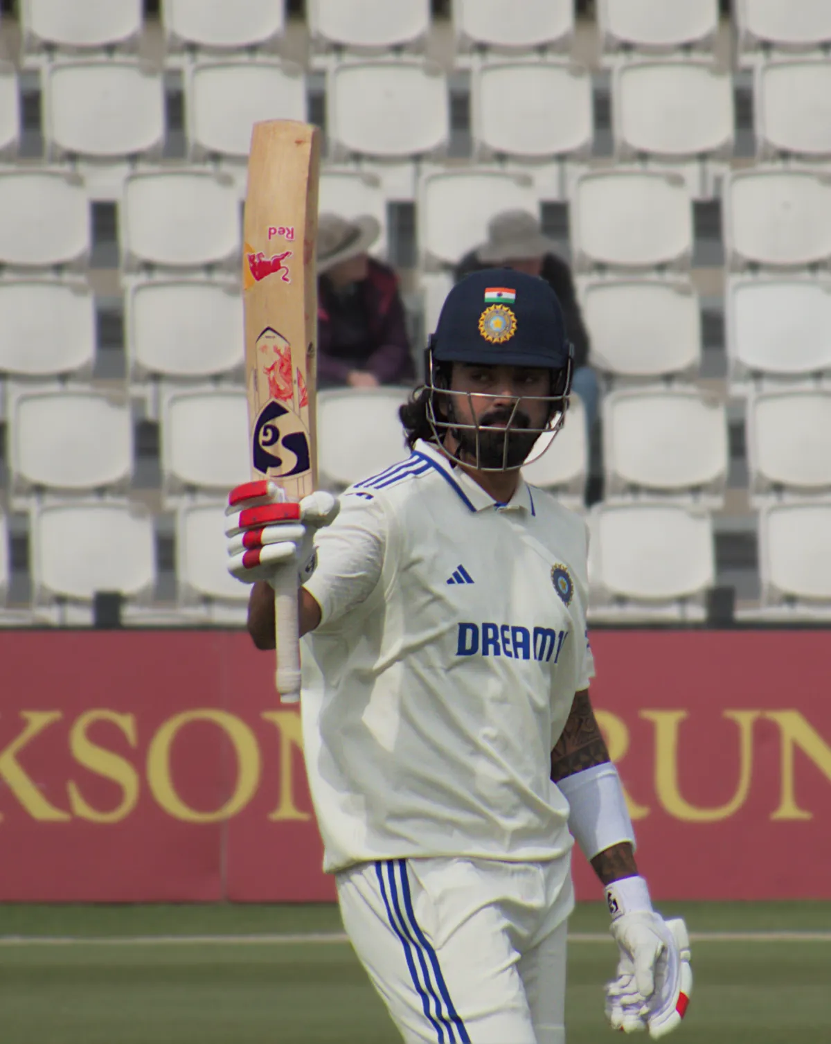 KL Rahul acknowledging the crowd upon bringing up his century against the England Lions in Northampton.