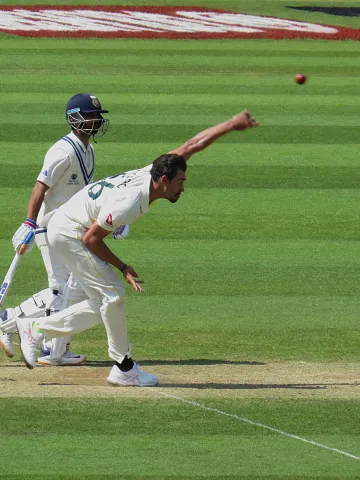 Australia's Mitchell Starc mid-delivery during the 2023 ICC World Test Championship Final between India and Australia.
