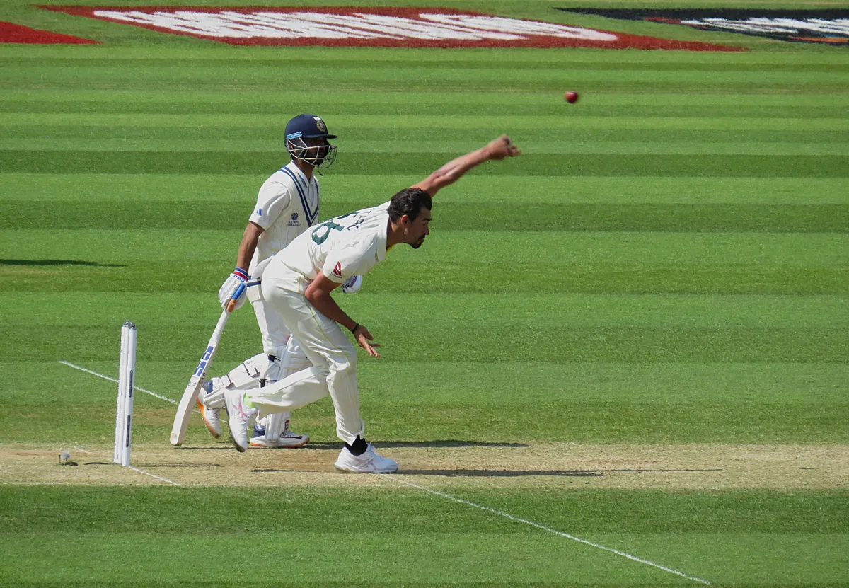Australia's Mitchell Starc mid-delivery during the 2023 ICC World Test Championship Final between India and Australia.